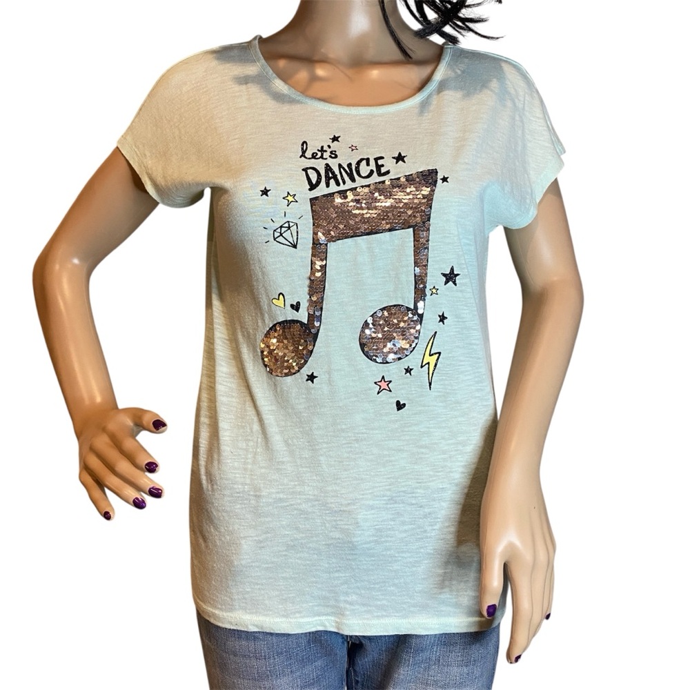 Girls' Justice "Let's Dance" Sparkly Flip Sequins Mint Green Tee Shirt Size 18